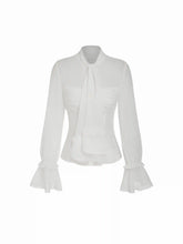 Chiffon Stand Collar Long Sleeve Ruffle Tie Front Ruched Blouse