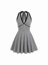 Halter Neckline Checks Lace Trim Tie Back Mini Dress
