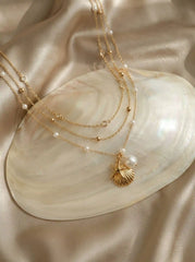 SHELL & STARFISH & FAUX PEARL LAYERED NECKLACE