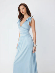 Satin V-neck Lace Trim Sleeveless Flared Maxi Dress