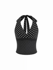 Cotton-blend Polka Dot V-neck Halter Tank Top