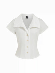 Cotton Notched Collar Short Sleeve Button Through Blouse
