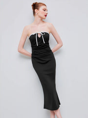 Jersey Strapless Contrasting Binding Knotted Ruched Midi Dress