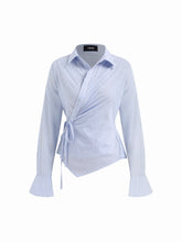 Cotton-blend Collar Asymmetrical Hem Tie Side Ruched Blouse