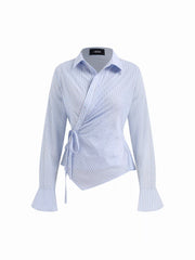 Cotton-blend Collar Asymmetrical Hem Tie Side Ruched Blouse