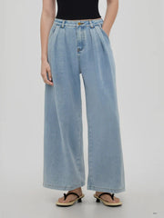 Denim Mid Rise Pleated Wide Leg Jeans