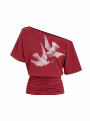 Cotton-blend Bird Graphic Asymmetrical Neck Ruched Tee