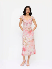 Mesh Sweetheart Floral Ruffle sleeve Mermaid Maxi Dress