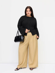 Cotton-blend Round Neckline Button Up Bell Sleeve Top Curve & Plus