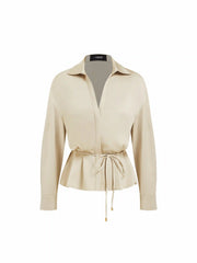 Satin Collar Long Sleeve Shirt With Belt