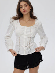Cotton-blend Textured Scoop Neck Lace Panel Blouse
