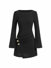 Boat Neck Bell Sleeve Ruched Mini Dress With Metal Button