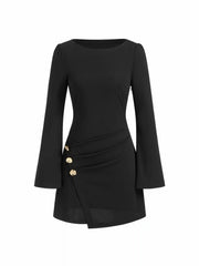 Boat Neck Bell Sleeve Ruched Mini Dress With Metal Button