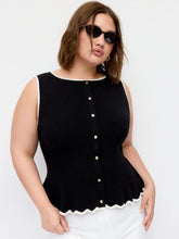 Knit Boat Neck Contrast Trim Ruffled Hem Metal Button Vest Curve & Plus