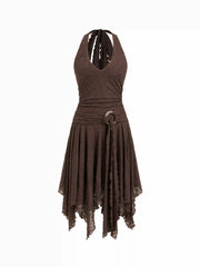 Lace V-neck Wrap Metal Detail Hanky Hem Midi Dress