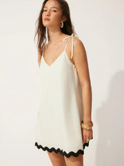 Linen-blend V-neck Contrasting A-line Mini Dress