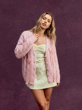 Knit Wool-blend V-neck Long Sleeve Lace Bowknot Button Oversized Cardigan