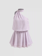 Asymmetrical Neck Mental Detail Belted Layered Mini Dress With Scarf