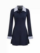 Cotton Collar Long Sleeve Two Tone Striped Mini Dress