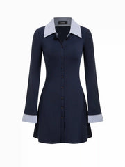 Cotton Collar Long Sleeve Two Tone Striped Mini Dress