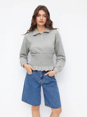Cotton-blend Collar Smocking Ruffled Hem Sweatshirt
