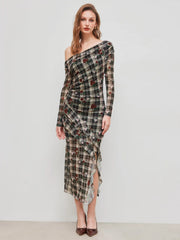 Mesh Asymmetrical Neck Floral Checks Ruffle Hem Maxi Dress