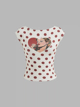 Cotton-blend Boat Neck Polka Dot Heart Figure Graphic Backless Tee