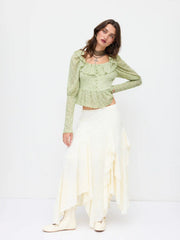 Lace Mid Rise Asymmetrical Ruffle Hem Maxi Skirt