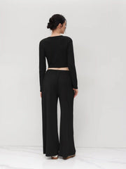 V-neck Solid Ruched Long Sleeve Crop Top & Mid Rise Solid Wide Leg Trousers Set