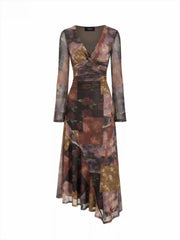 Mesh V-neck Floral Asymmetrical Hem Twist Maxi Dress
