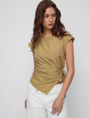 Textured Boat Neck Asymmetrical Hem Knotted Wrap Blouse