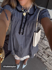 Cotton-blend Peter Pan Collar Plaid Lace Trim Puff Sleeve Knotted Mini Dress