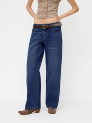 Denim Low Rise Straight Leg Jeans With Belt