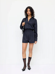Striped Collar Mid Rise Pleated Romper