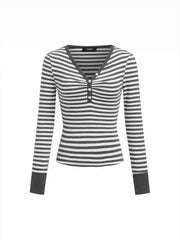 Cotton-blend Jacquard V-Neck Striped Ruched Tee