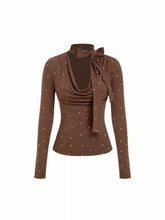 Cowl Neck Knotted Polka Dot Long Sleeve Tee