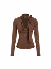 Cowl Neck Knotted Polka Dot Long Sleeve Tee