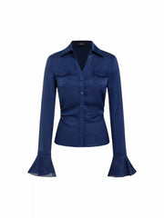Satin Collar Striped Ruched Bell Sleeve Shirt