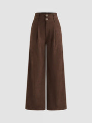Corduroy High Rise Solid Pleated Double Button Pocket Wide Leg Trousers