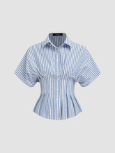 Cotton-blend Collar Stripe Pleated Cinched Waist Shirt