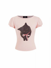 Cotton-blend Cat Print Boat Neck Puff Sleeve Top