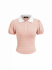 Stripe Color-Blocked Polo Puff Sleeve Top