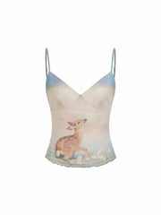 Deer Graphic V-neck Lettuce Trim Cami Top