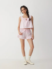 Textured Ruffle Sleeve Stripe Bowknot Top & Mid Rise Micro Shorts Set