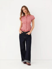 Cotton-blend Gingham Knotted Ruffle Hem Puff Sleeve Blouse