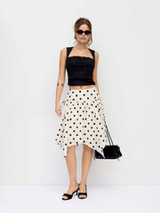 Mid Rise Polka Dot Twist Knotted Hanky Hem Midi Skirt