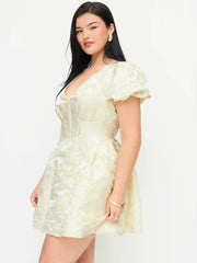 Jacquard V-neck Puff Sleeve Corset A-line Mini Dress Curve & Plus