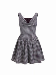 Cowl Neck Plaid Zipper Flared Mini Dress
