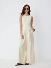 Linen-blend Boat Neck Backless Pleated Oversized Wide Leg Jumpsuit