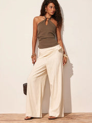 Linen-blend Halter Neckline Cut Out Ruched Backless Blouse